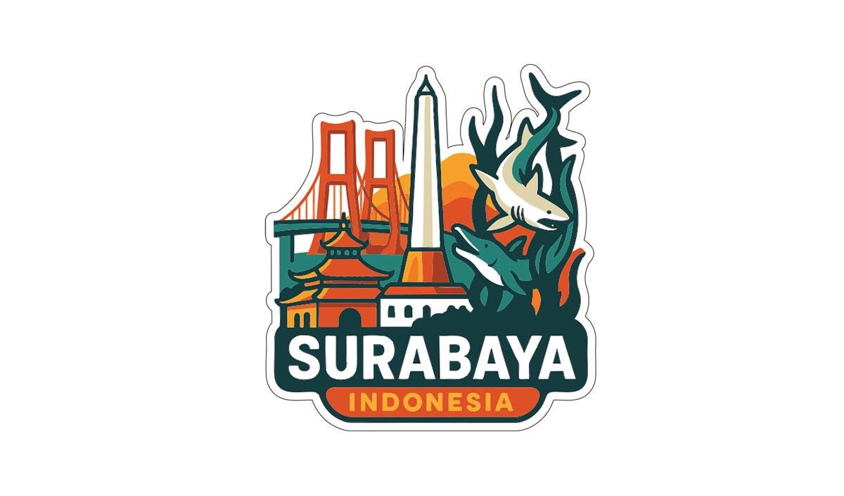 a sticker or logo with various landmarks and symbols associated with Surabaya, Indonesia.