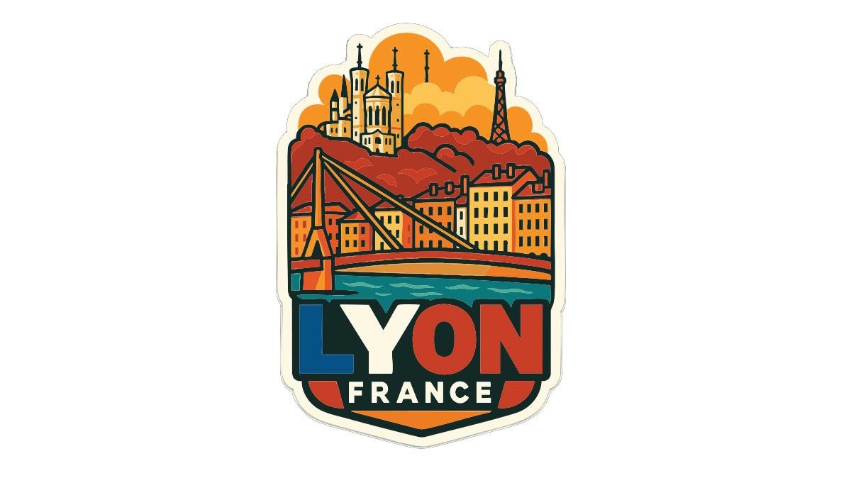 A colorful sticker or emblem featuring the city of Lyon, France, with a castle, tower, and bridge in the background.