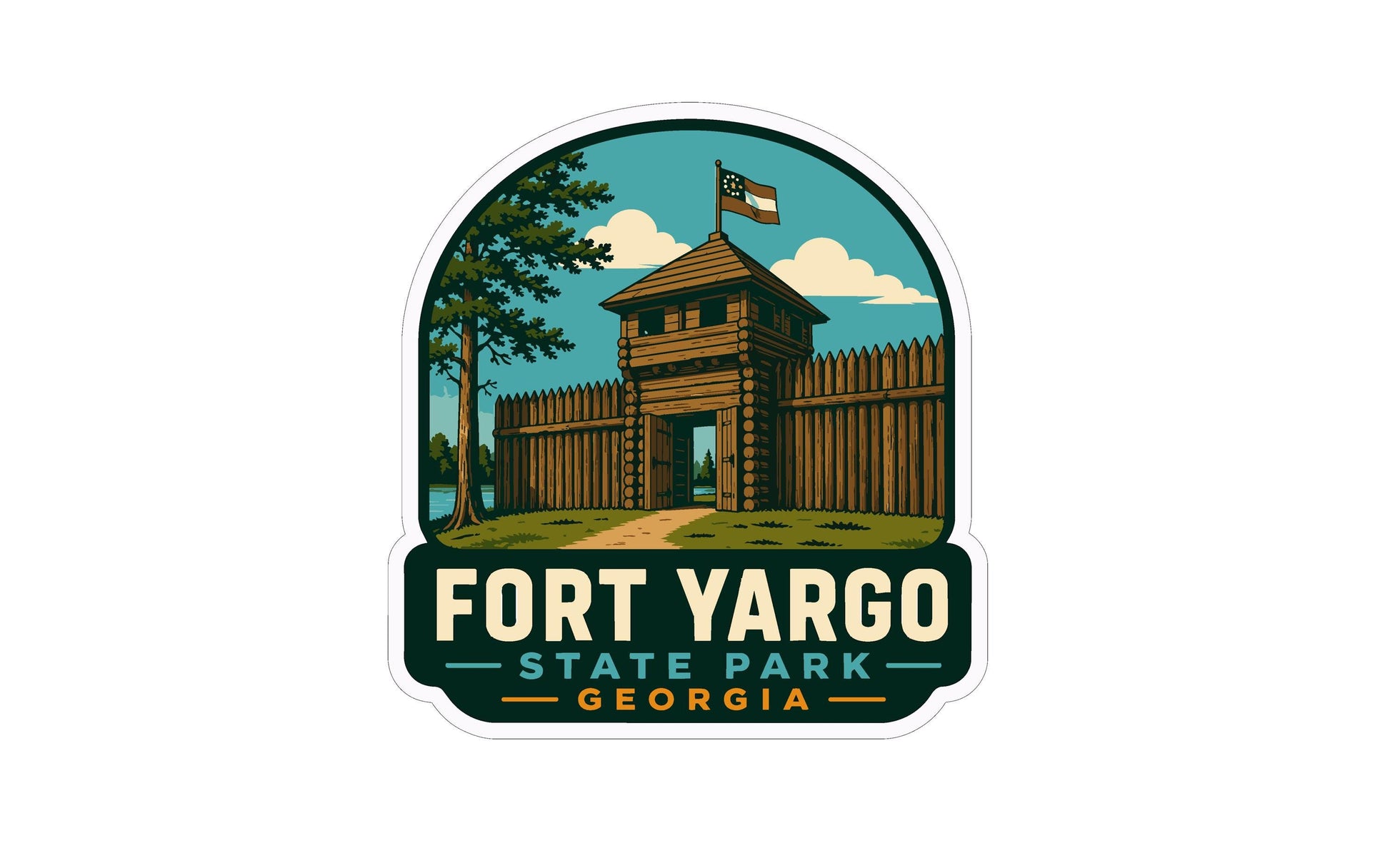 A sticker depicting Fort Yargo State Park in Georgia, featuring a wooden fort with a flag flying atop it, surrounded by a wooden fence and trees.