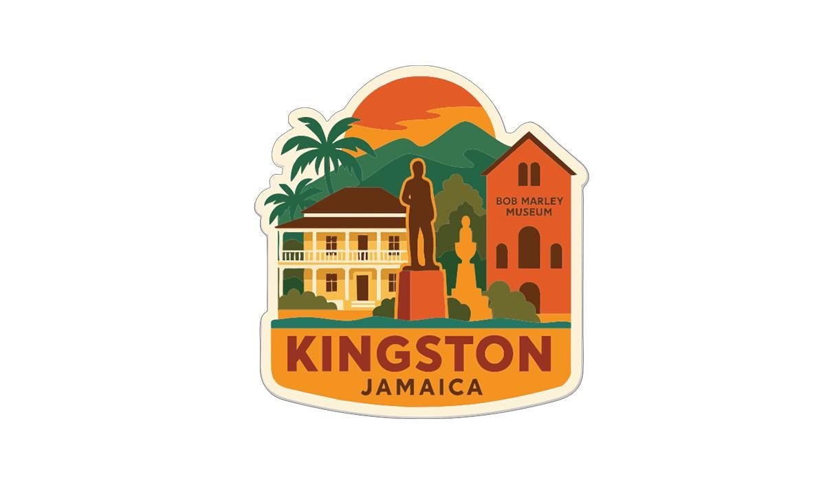 A sticker or emblem featuring a statue, buildings, and palm trees, with the text "KINGSTON JAMAICA" prominently displayed.