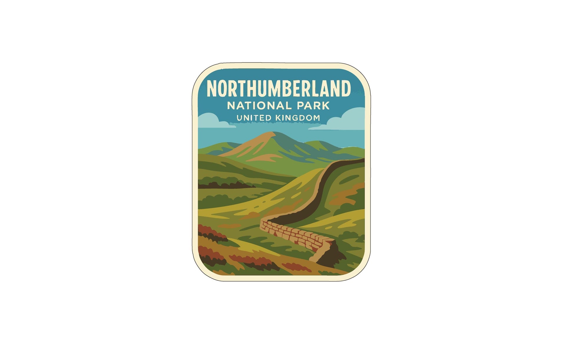 a sticker or label with a scenic landscape depicting a mountain range, a winding road, and a body of water.