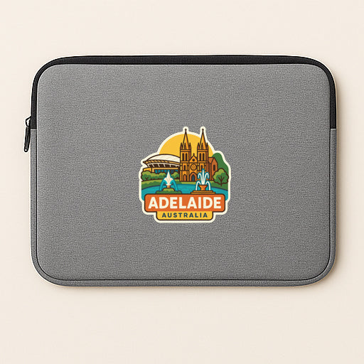 a gray laptop sleeve with a logo of a city, specifically Adelaide, Australia.