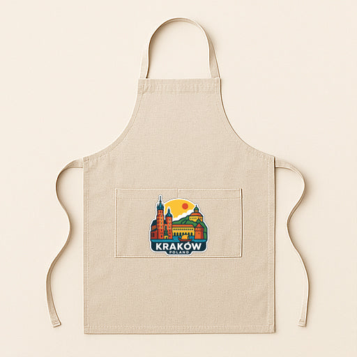 A beige apricot with a graphic of a city skyline and the word "Krakow" printed on it.