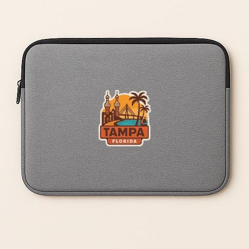 A gray laptop sleeve with a sticker of a city skyline and palm trees, along with the text "TAMPA FLORIDA".