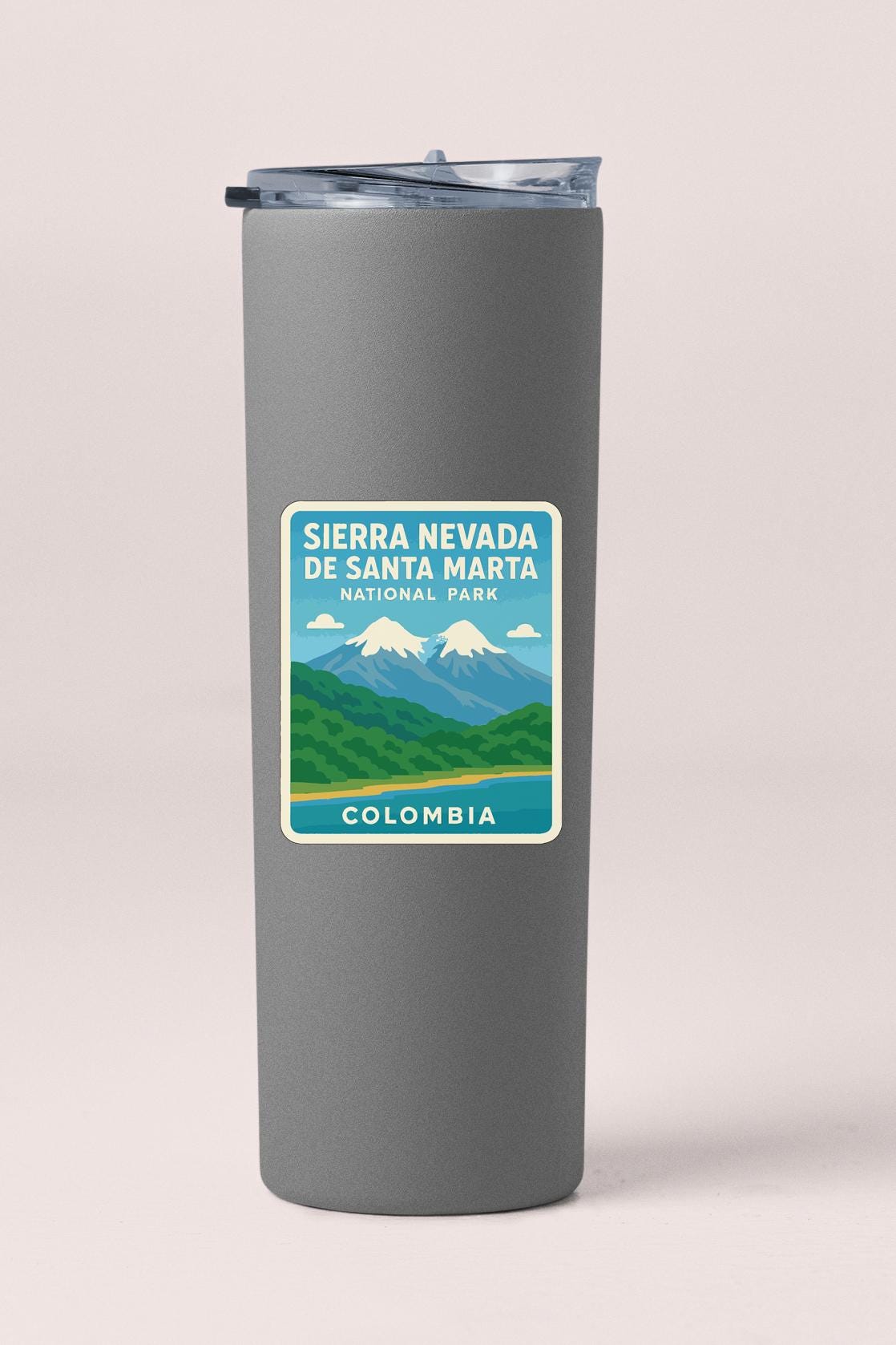 A gray insulated tumbler with a label that says "Sierra Nevada de Santa Marta National Park Colombia".