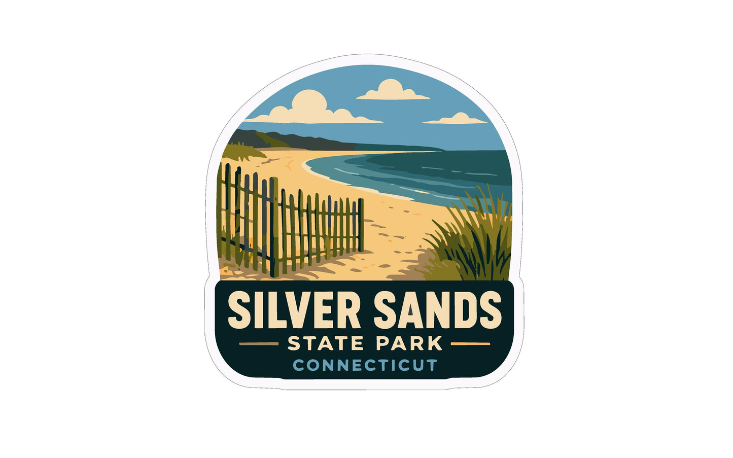 A sticker depicting a beach scene with a wooden fence leading to the sandy beach and the ocean.