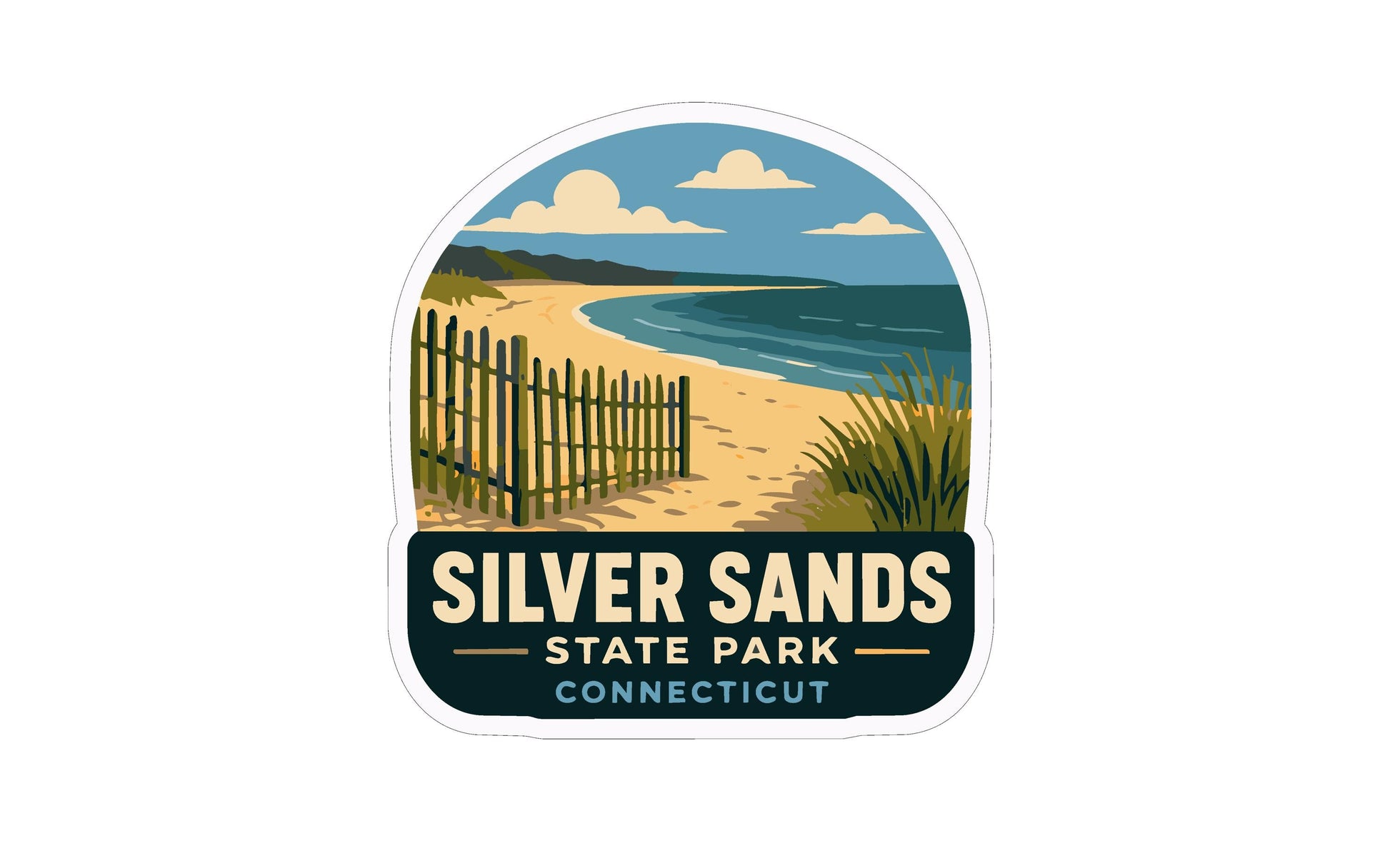 A sticker depicting a beach scene with a wooden fence leading to the sandy beach and the ocean.