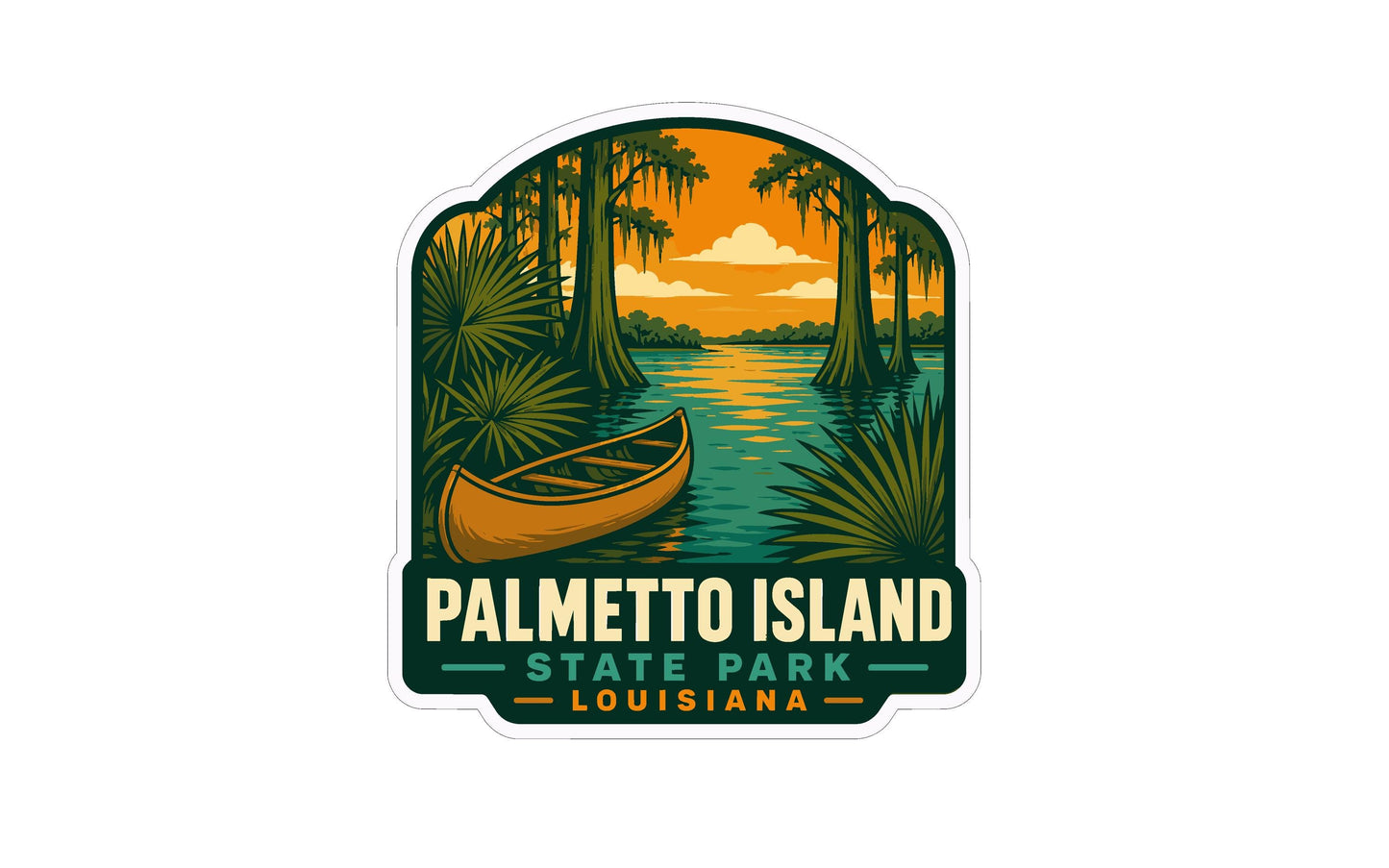 A sticker or emblem featuring a canoe on a river surrounded by palm trees and a sunset in the background, with the text "Palmetto Island State Park - Louisiana" prominently displayed.