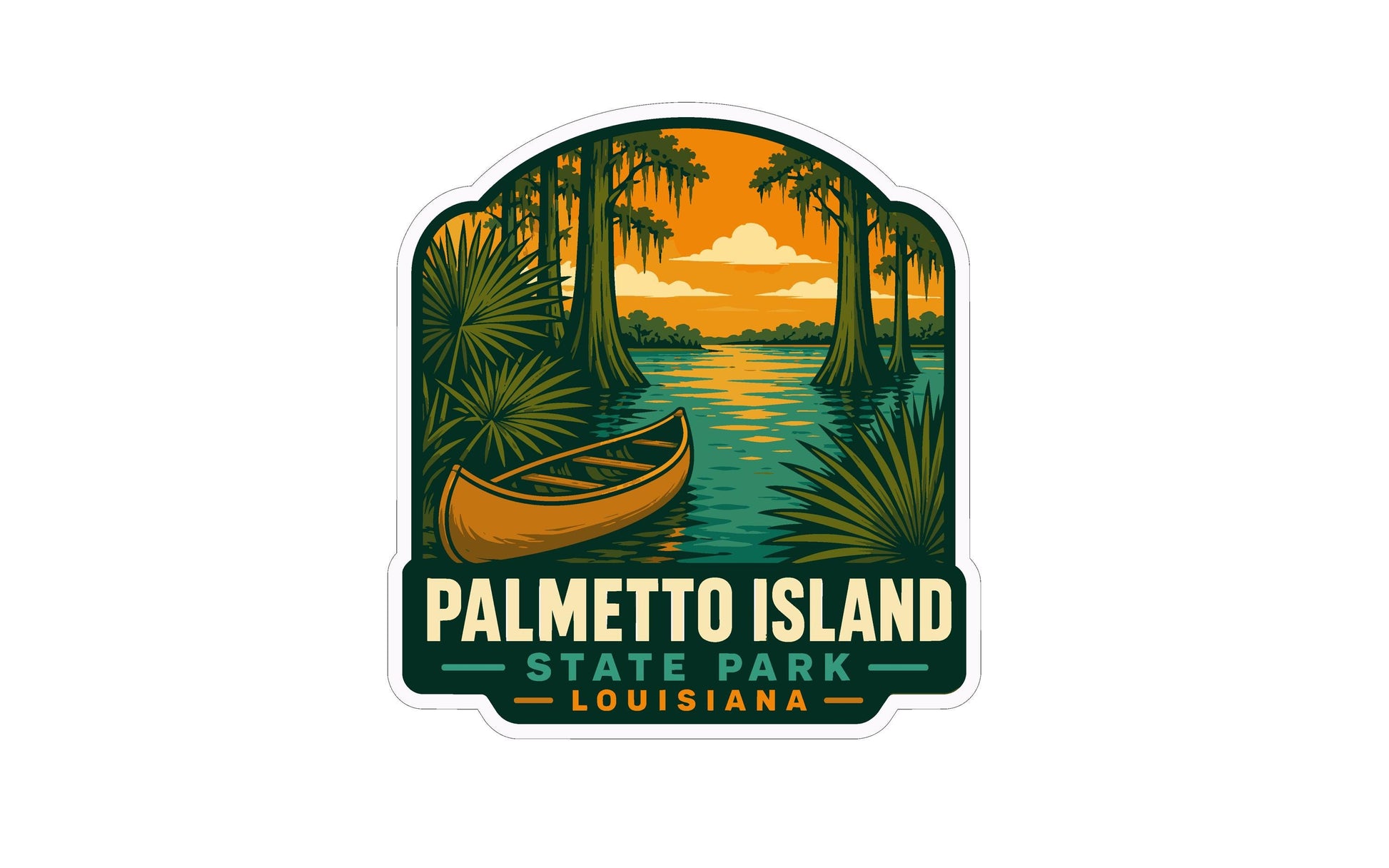 A sticker or emblem featuring a canoe on a river surrounded by palm trees and a sunset in the background, with the text "Palmetto Island State Park - Louisiana" prominently displayed.
