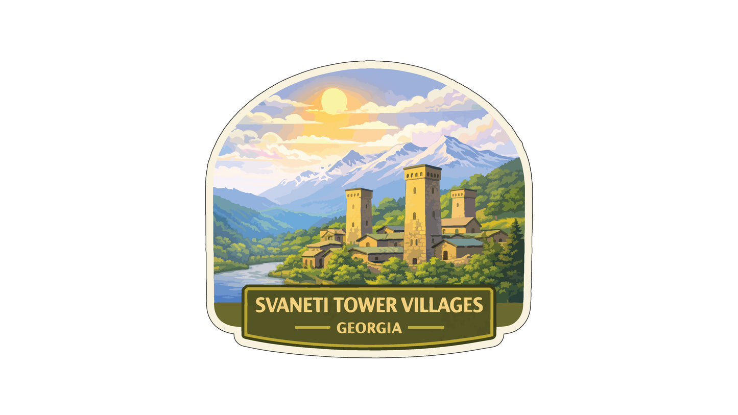 a scenic view of Svaneti Tower Villages in Georgia, with a mountain range in the background and a castle-like structure in the foreground.