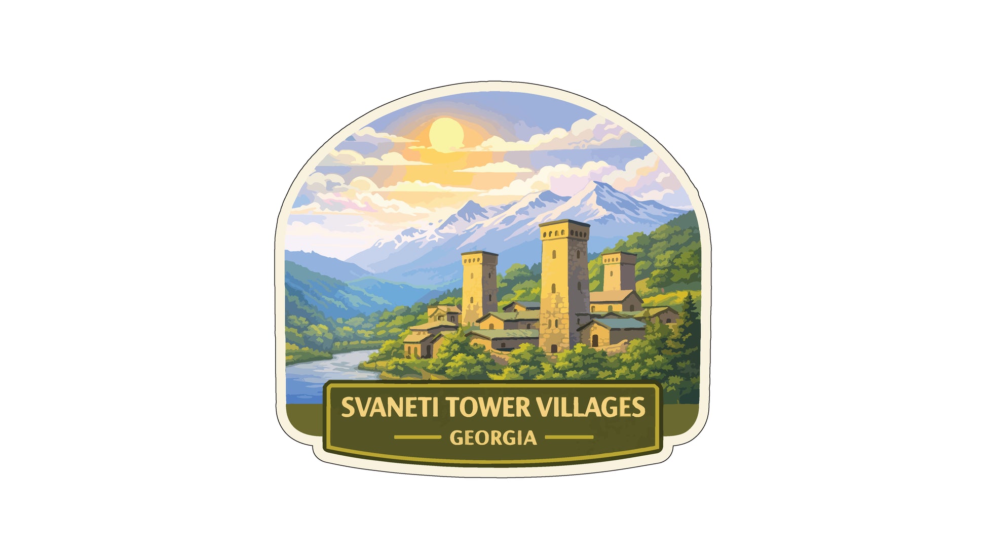 a scenic view of Svaneti Tower Villages in Georgia, with a mountain range in the background and a castle-like structure in the foreground.