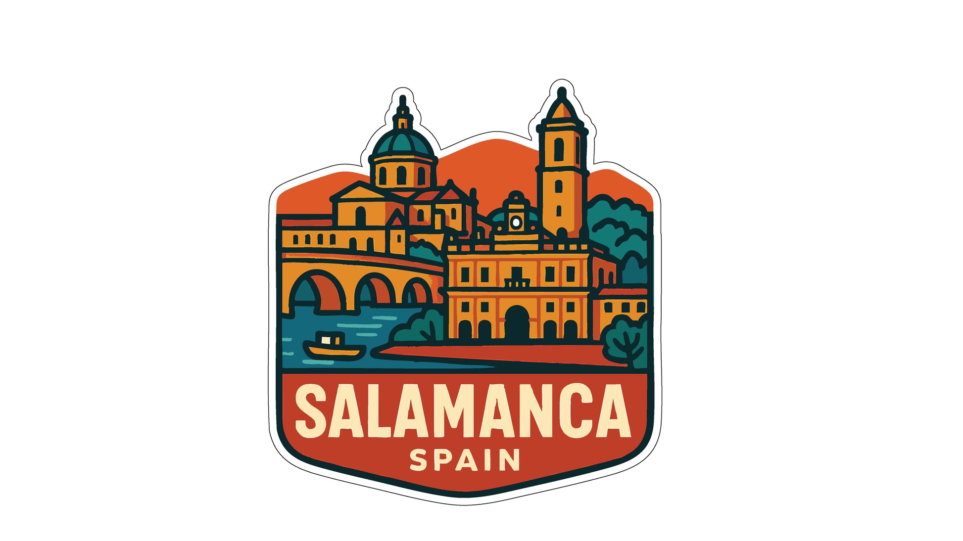 A stylized illustration of a cityscape with a prominent dome-shaped building, surrounded by other buildings and a river. The text "SALAMANCA SPAIN" is prominently displayed in the center of the image.