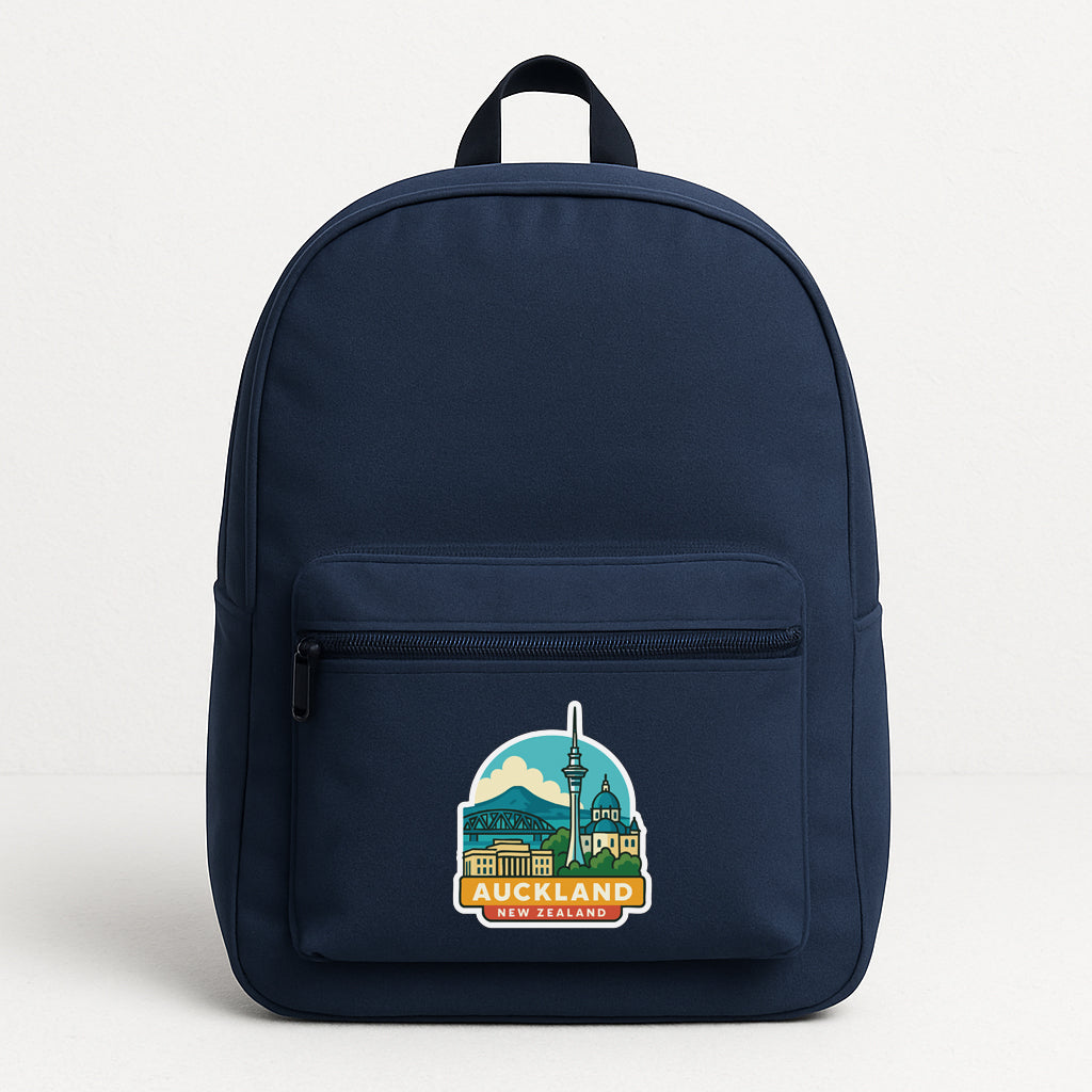 A navy blue backpack with a graphic of a city skyline and the text "RUCKEAND" printed on it.