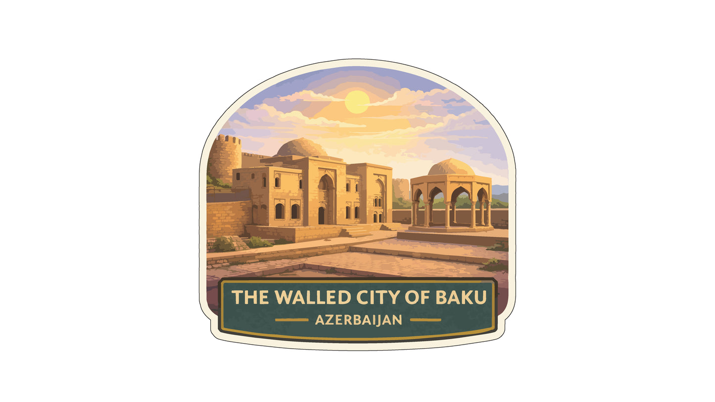 a cityscape with domed buildings and a prominent sun in the sky, with the text "THE WALLED CITY OF BAKU AZERBAJAN" below the image.