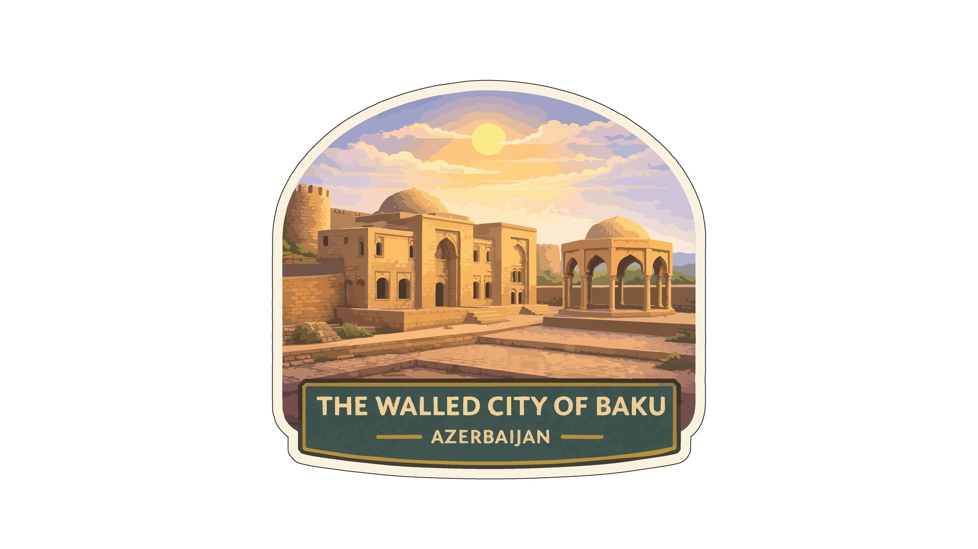 a cityscape with domed buildings and a prominent sun in the sky, with the text "THE WALLED CITY OF BAKU AZERBAJAN" below the image.