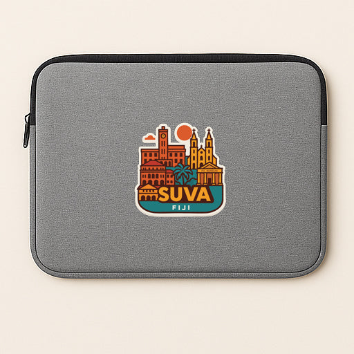 a gray laptop sleeve with a colorful graphic of Fiji on it.