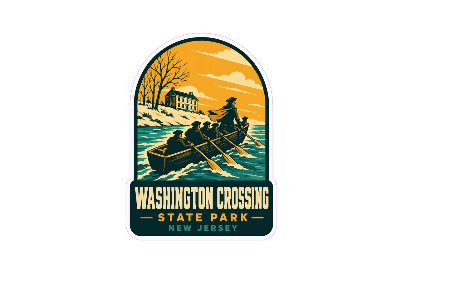 A sticker or emblem featuring a boat with people rowing on a river, with a house and trees in the background, and the text "WASHINGTON CROSSING STATE PARK NEW JERSEY" below.