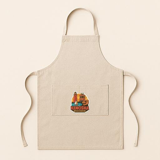 A beige apricot with a graphic design on the front pocket, featuring a lighthouse and a boat.