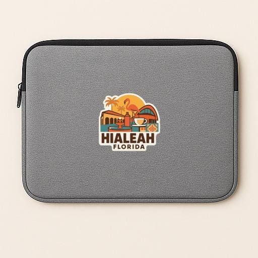 A gray laptop sleeve with a logo for Hialeah, Florida.