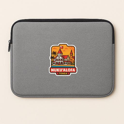 A gray laptop sleeve with a colorful sticker depicting a tropical island with a castle, palm trees, and a flag.