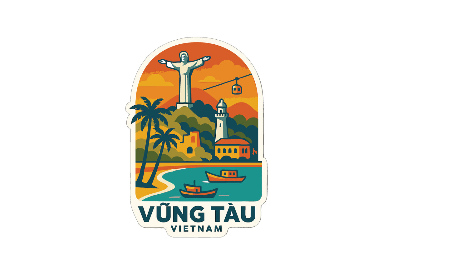 The image is a sticker depicting a tropical beach scene with a large statue of Jesus Christ, palm trees, a lighthouse, and boats in the water.