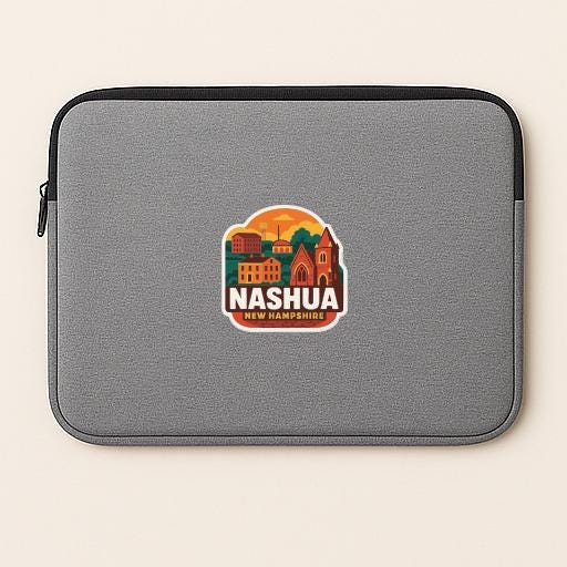 A gray laptop sleeve with a colorful graphic of a city skyline and the text "NASHUA NEW HAMPSHIRE" printed on it.
