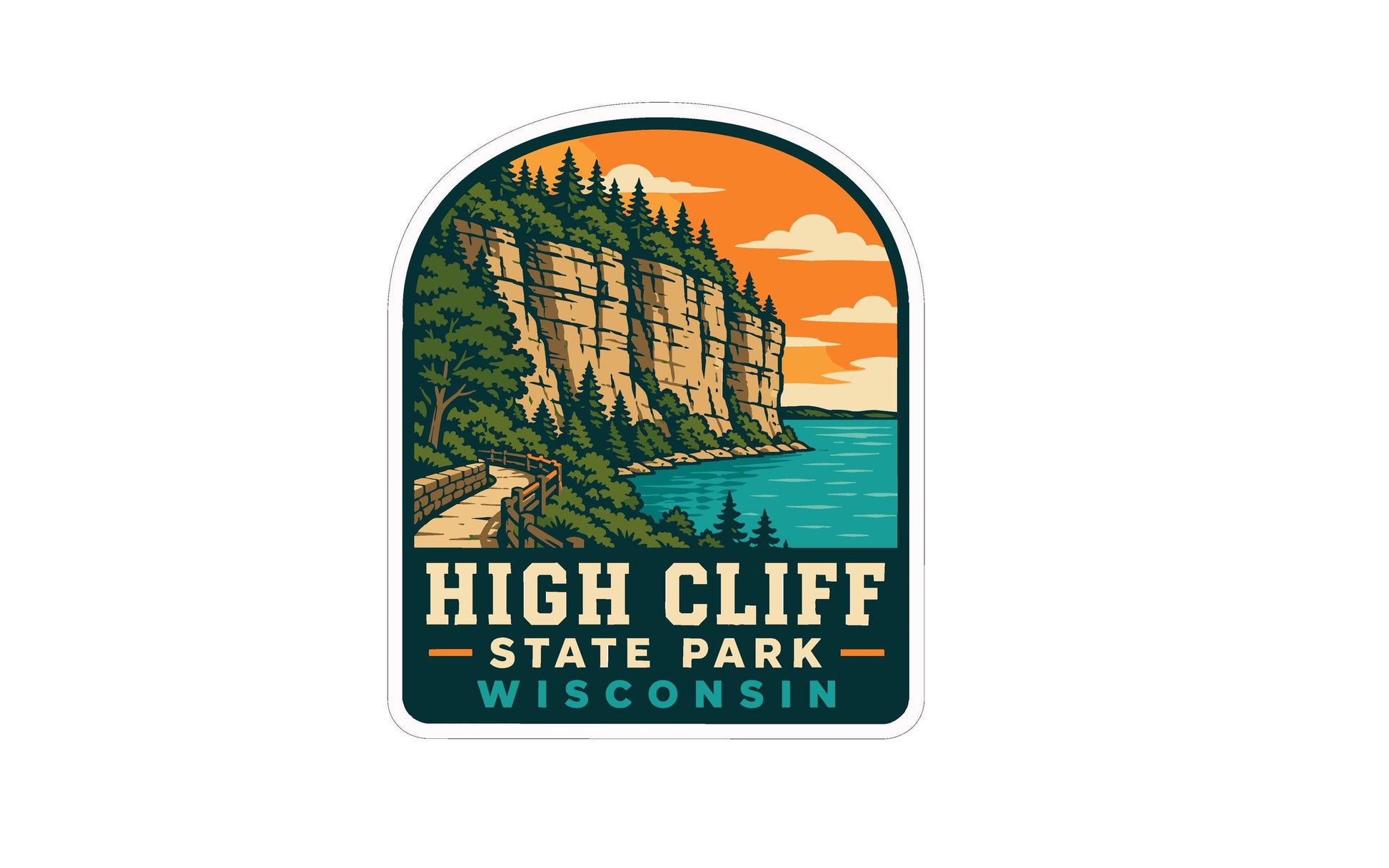 A sticker depicting a scenic landscape with a cliff overlooking a lake, featuring a path leading to the cliff and a sunset sky.
