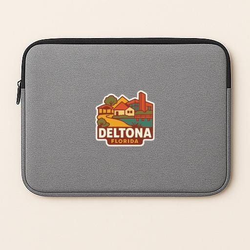 A gray laptop sleeve with a logo of Deltona, Florida on it.