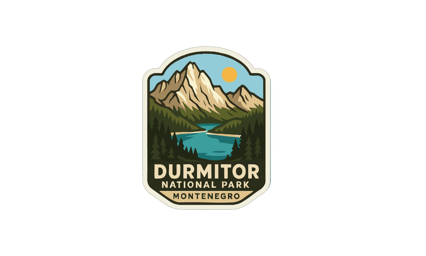 a logo for Durmitor National Park in Montenegro, depicting a mountain landscape with a lake and a bridge.