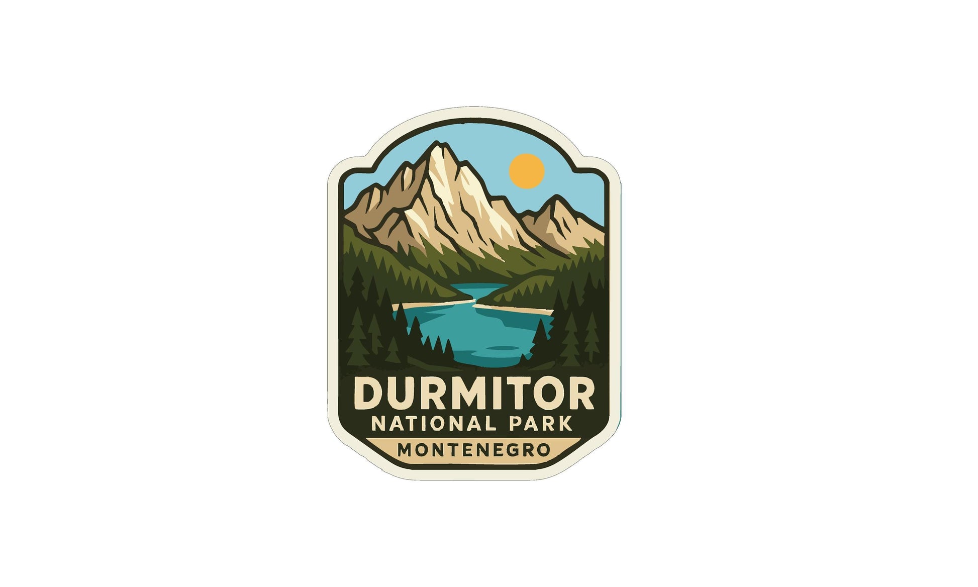 a logo for Durmitor National Park in Montenegro, depicting a mountain landscape with a lake and a bridge.