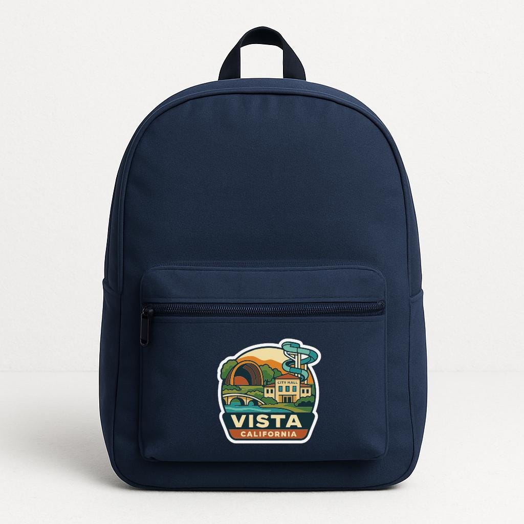 A navy blue backpack with a California state logo on the front pocket.