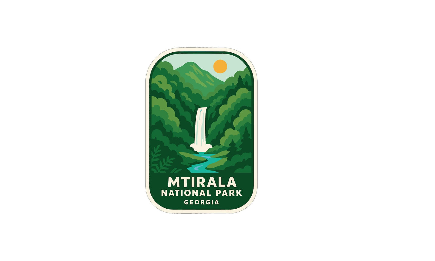 a green and white label or sticker with a waterfall and mountains in the background, representing Mtirala National Park in Georgia.
