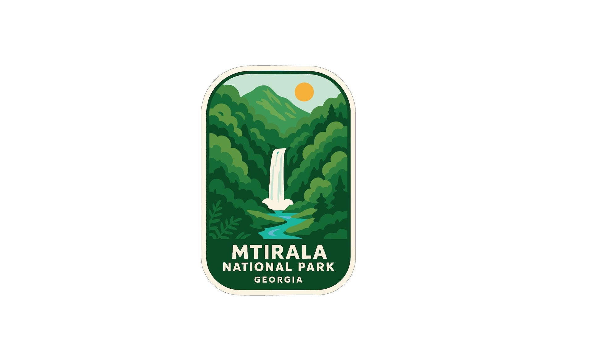 a green and white label or sticker with a waterfall and mountains in the background, representing Mtirala National Park in Georgia.