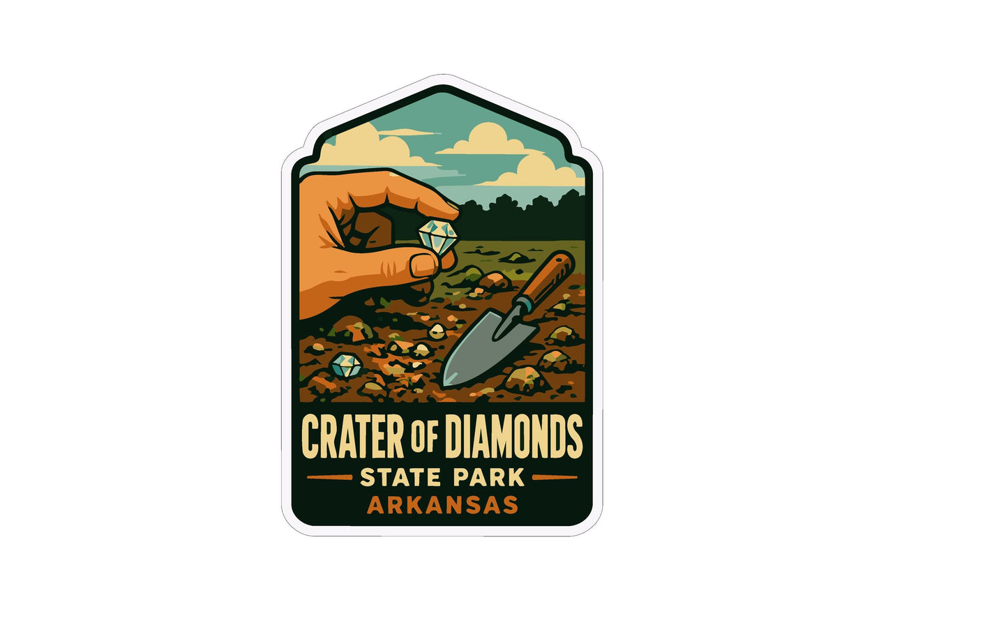 A sticker depicting a hand holding a diamond, with a shovel and a field of rocks in the background, representing the Crater of Diamonds State Park in Arkansas.