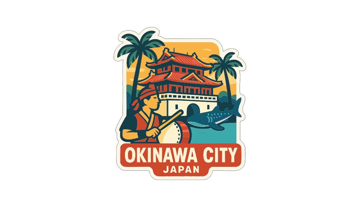 a sticker or emblem with a person playing a drum, a temple, and palm trees, along with the text "OKINAWA CITY JAPAN".