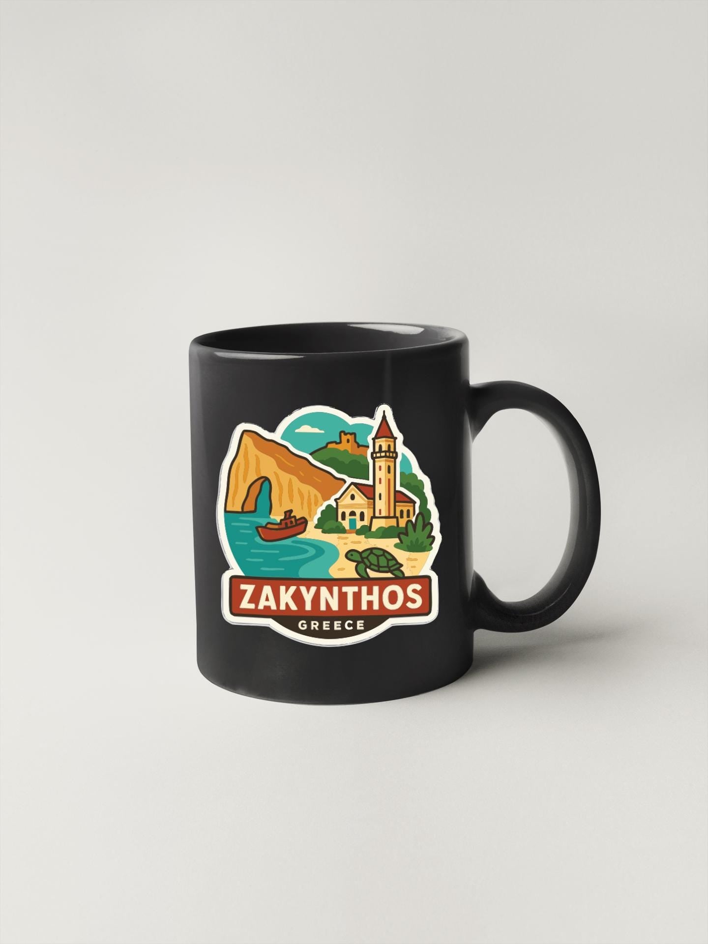 A black coffee mug with a colorful illustration depicting a coastal scene and a lighthouse, along with the text "ZAKYNTHOS GREECE".