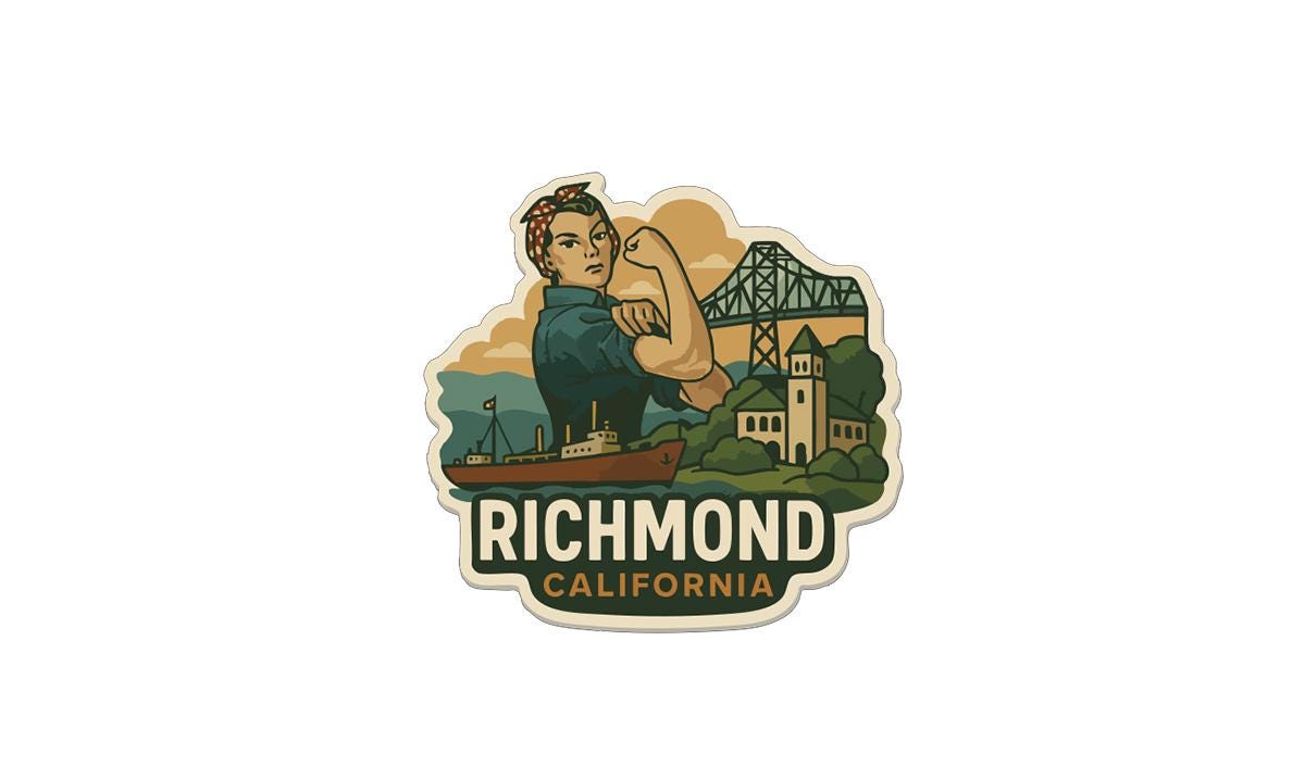 a sticker or emblem with a woman in a blue shirt and a red bandana, holding a large iron fist, with a bridge and buildings in the background. The text "RICHMOND CALIFORNIA" is prominently displayed below the illustration.