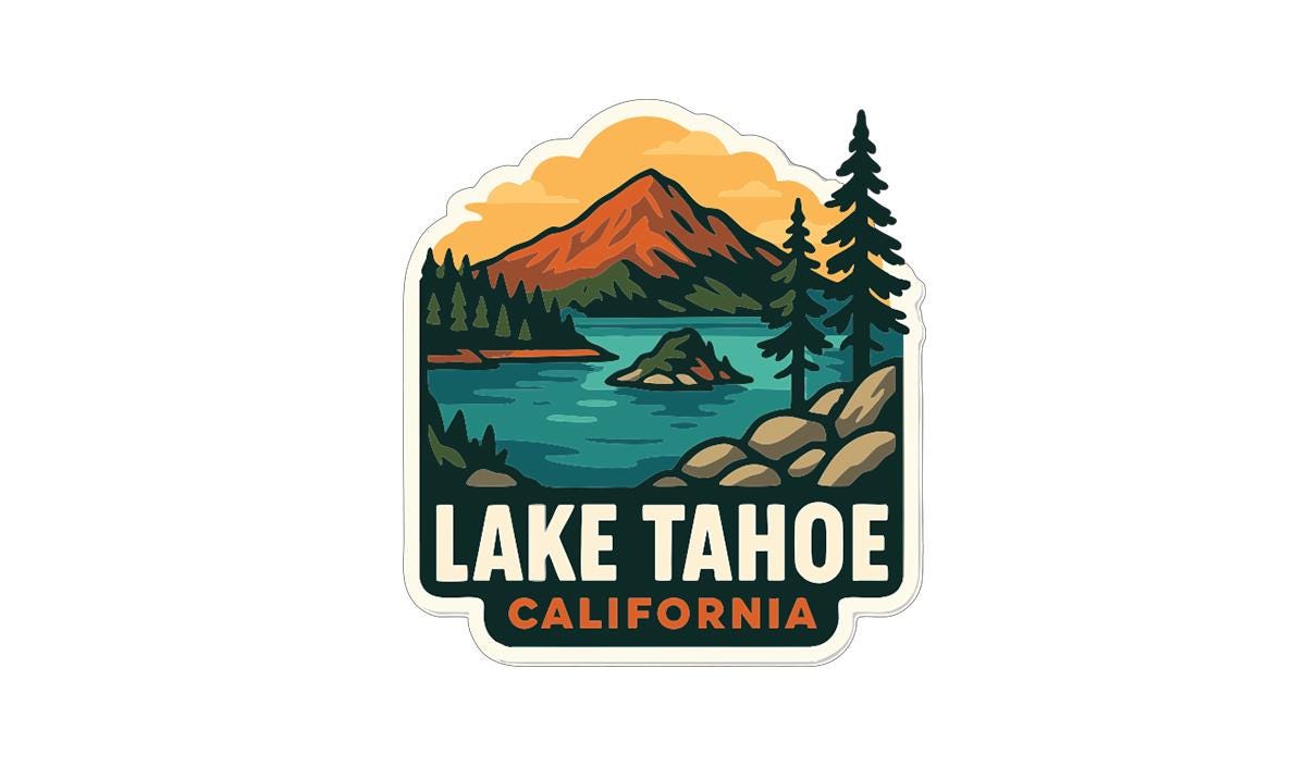 A sticker or logo depicting Lake Tahoe, California, with a mountain, pine trees, and a lake in the background.