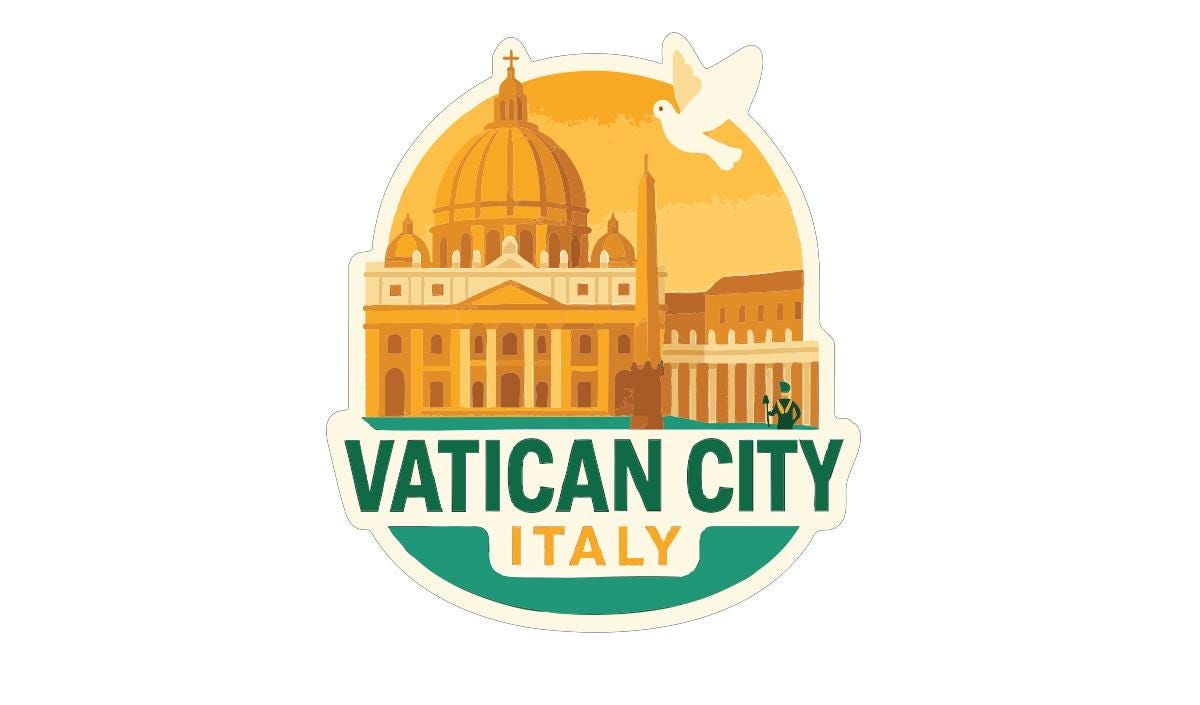 a stylized illustration of the Vatican City in Italy, with the text "VATICAN CITY ITALY" prominently displayed.