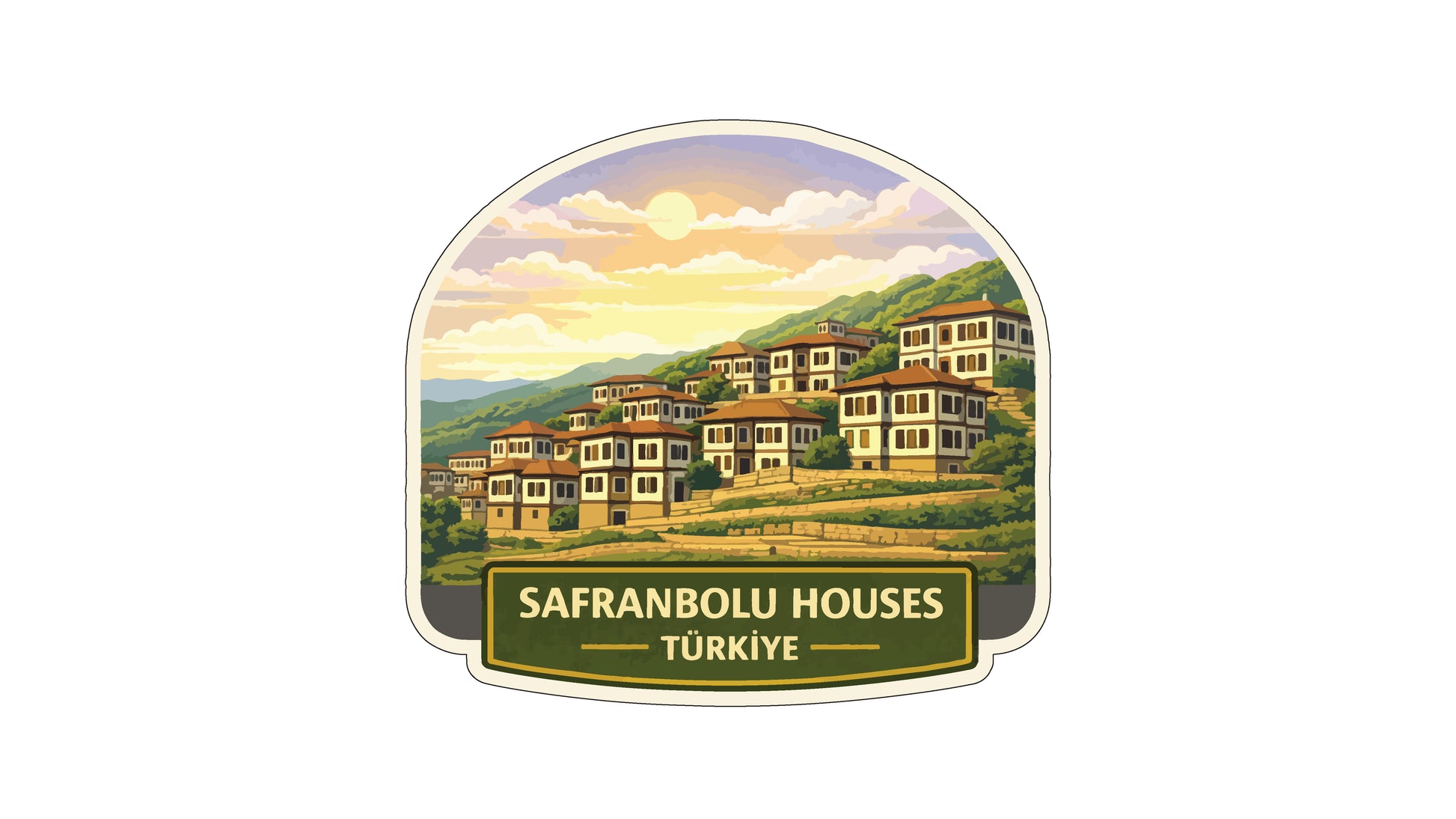 a scenic view of a village with houses on a hillside, set against a backdrop of a sunset sky.