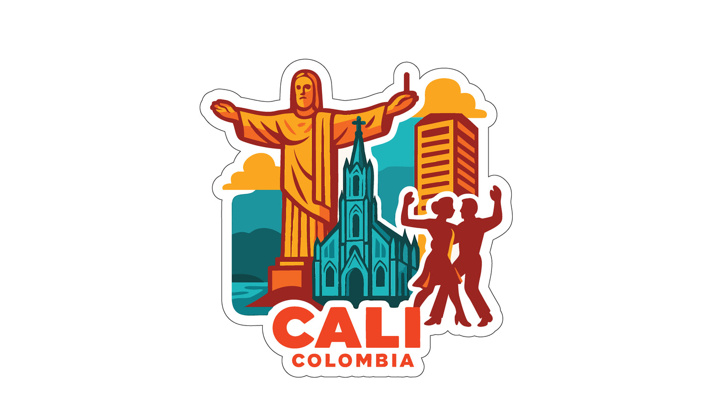 a stylized illustration of a cityscape with a large statue of Jesus Christ, a church, and two people dancing. The text "CALI COLOMBIA" is prominently displayed, indicating the location of the image.
