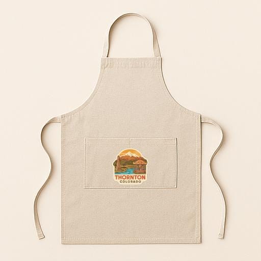 A beige apricot with a graphic of a mountain and a river on it, along with the text "THORNTON COLORADO".