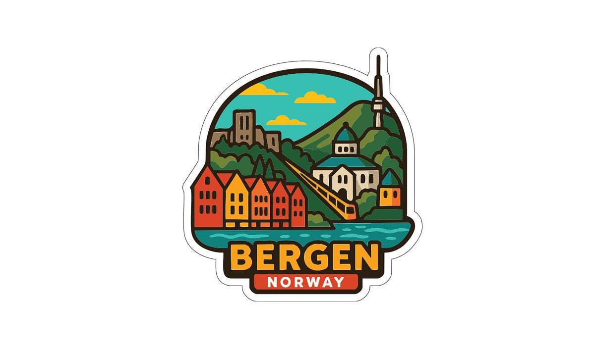 A colorful sticker depicting the cityscape of Bergen, Norway, with buildings, a tower, and a body of water.