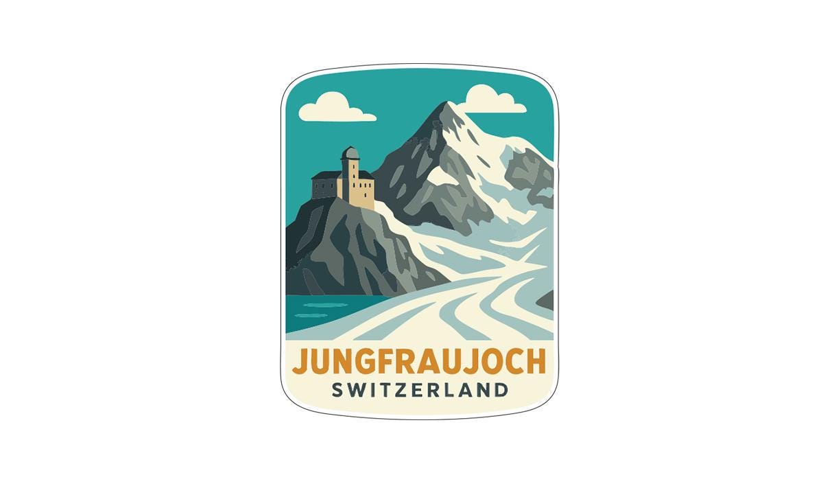 A sticker or emblem featuring a mountain landscape with a lighthouse on a cliff, surrounded by clouds and water. The text "Jungfraujoch SWITZERLAND" is prominently displayed, indicating the location of the landmark.
