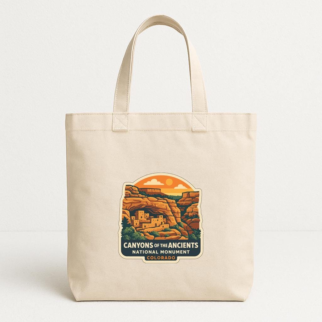 A beige tote bag with a printed design depicting the iconic rock formations of the Canyons of the Ancients National Monument in Arizona.