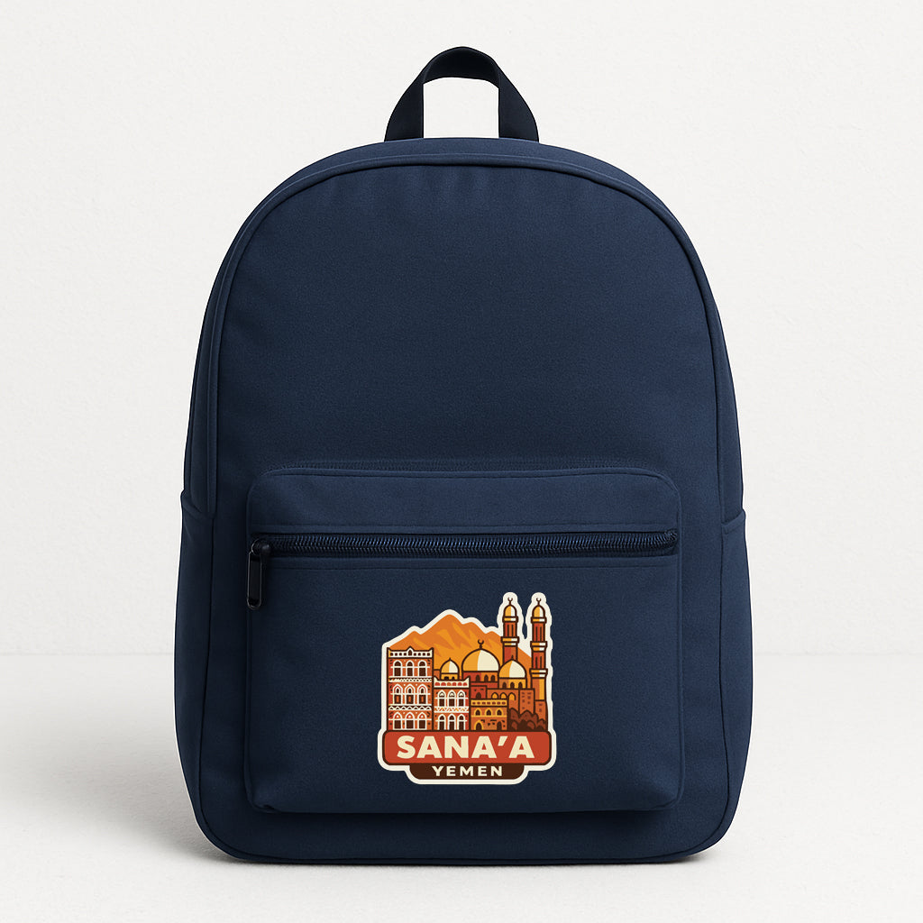 A navy blue backpack with a graphic design on the front pocket, depicting a city skyline with a mosque and other buildings.