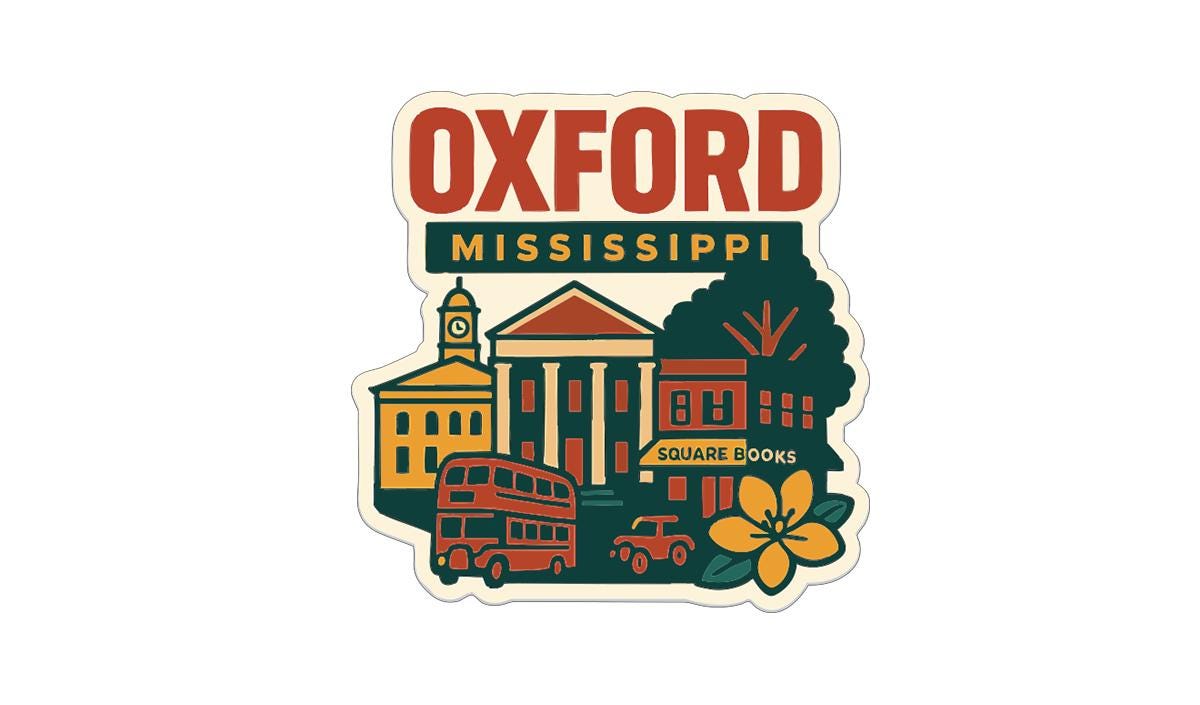 The image is a sticker or emblem featuring various elements associated with Oxford, Mississippi. It includes a clock tower, a building, a double-decker bus, a flower, and a car.