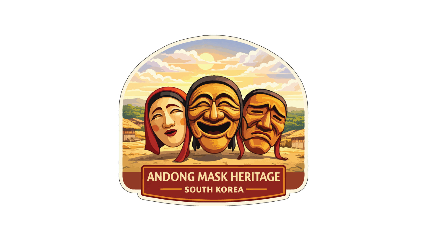 three traditional Korean masks, each with a different expression, set against a scenic landscape with a sunset and clouds in the background.