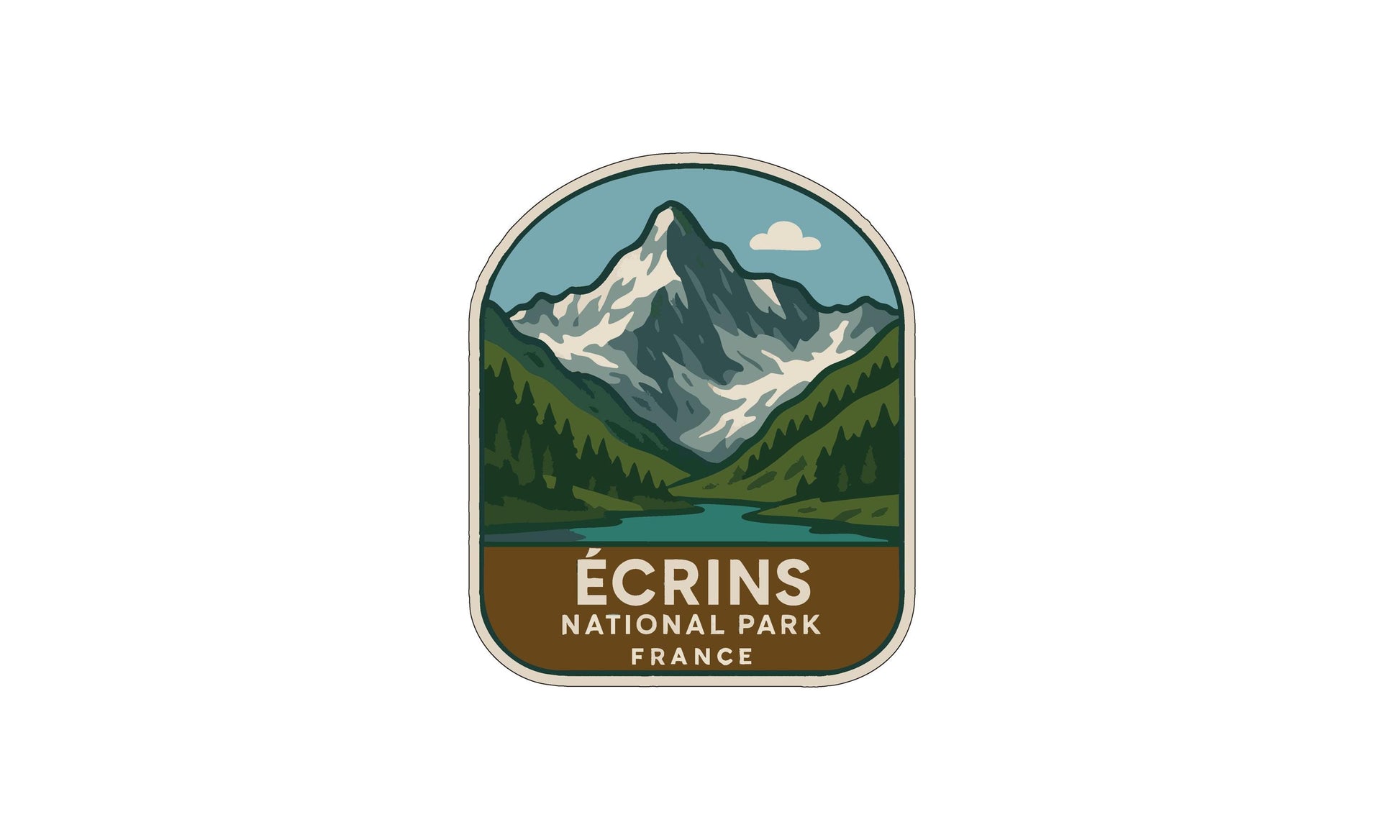 a mountain landscape with a lake, and the text "ÉCRINS NATIONAL PARK FRANCE" is displayed below the mountain and lake.