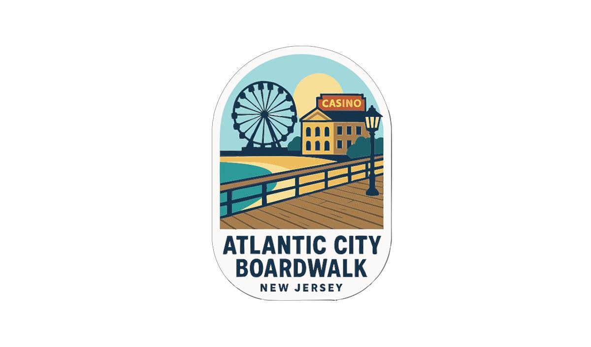 a boardwalk with a ferris wheel and a casino, representing the Atlantic City Boardwalk in New Jersey.
